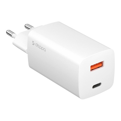 Сетевое зарядное устройство Deppa Wall Charger GaN USB A+USB-C, PD 3.0, QC 3.0, 65 Вт, GaN (11434) Белый