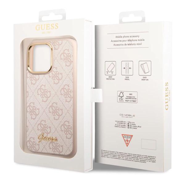 Чехол Guess для iPhone 14 CG Mobile PU 4G Script metal logo Hard (GUHCP14SHG4SHP) Розовый