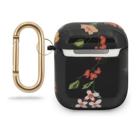 Чехол Guess с карабином для AirPods 1/2 CG Mobile TPU case with ring Marble design (GUACA2TPUBKFL04) С рисунком цветов, черный Чехол Guess с карабином для AirPods 1/2 CG Mobile TPU case with ring Marble design (GUACA2TPUBKFL04) С рисунком цветов, черный