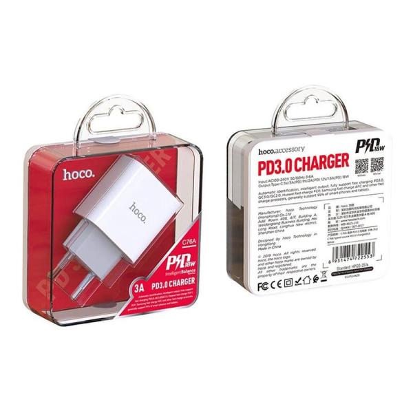 Сетевое зарядное устройство USB-C hoco. PD 3A 18 Вт (C76A) Белый