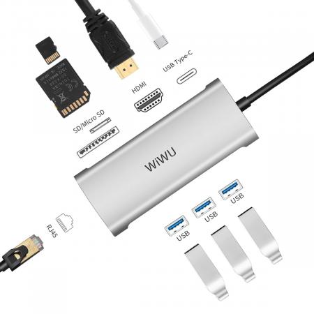 Хаб WiWU Alpha 3*USB3.0+SD+Micro SD+HDMI+RJ45+Type C (831HRT) Серый Хаб WiWU Alpha 3*USB3.0+SD+Micro SD+HDMI+RJ45+Type C (831HRT) Серый