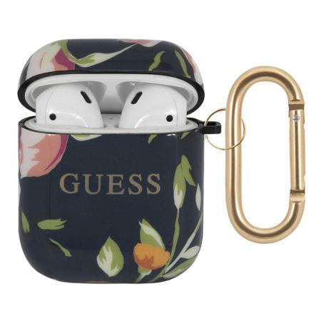 Чехол Guess с карабином для AirPods 1/2 CG Mobile TPU case with ring Marble design (GUACA2TPUBKFL03) С рисунком цветов, синий Чехол Guess с карабином для AirPods 1/2 CG Mobile TPU case with ring Marble design (GUACA2TPUBKFL03) С рисунком цветов, синий