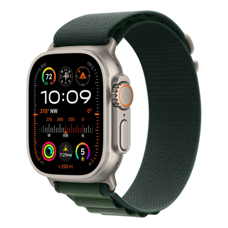 Apple Watch Ultra 2 (2024), 49 мм корпус из титана цвета «Natural», ремешок Alpine Loop размера L цвета «Dark Green» Apple Watch Ultra 2 (2024), 49 мм корпус из титана цвета «Natural», ремешок Alpine Loop размера L цвета «Dark Green»