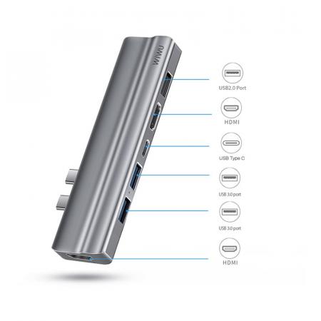 Хаб WiWU HDMI*2+USB3.0*2+USB2.0*1SD+TF+PD (T9) Серый Хаб WiWU HDMI*2+USB3.0*2+USB2.0*1SD+TF+PD (T9) Серый